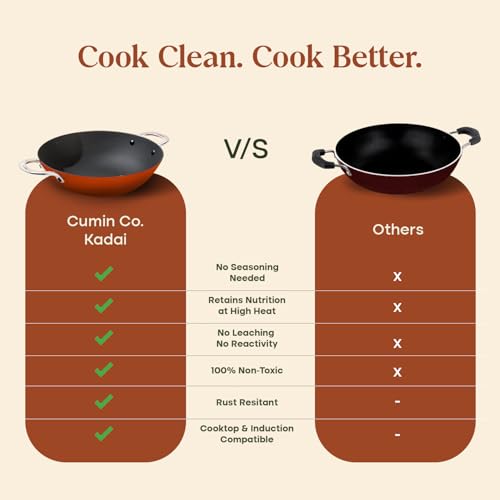 Image of CUMIN CO. Enamel Cast Iron Kadai LITE with Lid | 4L, 28 cm |5 Years Warranty | Non Toxic Heavy Bottom Kadhai for Frying | Induction & Gas Compatible | Chemical Free Coating | Color: Rust