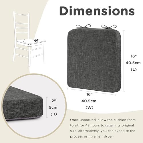 Image of AddGrace Square Chair Cushions for Dining Chairs 4 Pack 16x16x2inch D Grey | Non Slip, Removable Cover with Ties, Textured Fabric, for Kitchen Dining Room Indoor, Hard Wooden Chairs, Family Gathering