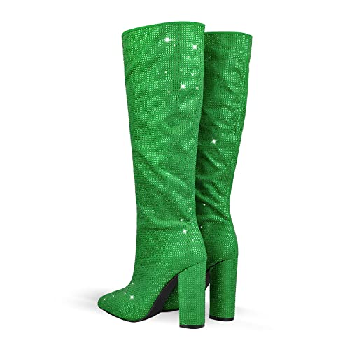 Richealnana Women's Rhinestones Block Heel Long Boots Pointed Toe Knee High Booties For Party Prom3