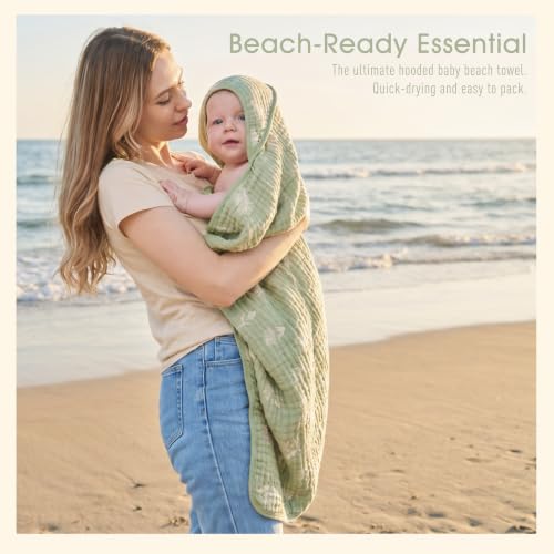 Image of Ultra-Soft Muslin Baby Hooded Towel - 32 x 32 Inches, Ideal for Bath & Beach, Suitable for Both Boys & Girls from Newborns to Toddlers (Sage Green Floral)