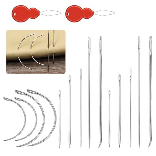16Pcs Heavy Duty Hand Sewing Needles Kit, Sewing Leather Needle Repair Set, with 2X Needles Threaders, 4X Curved Needles,10x Pointed Needlees Kit for Upholstery, Leather, Carpet Repair