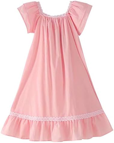iMOONZZZ Nightgowns for Girls, Long Vintage Soft Cotton Sleepwear, Full Length Short Sleeve Nightdress for Kids 3-12 Years (Pink, 8-9 Years)