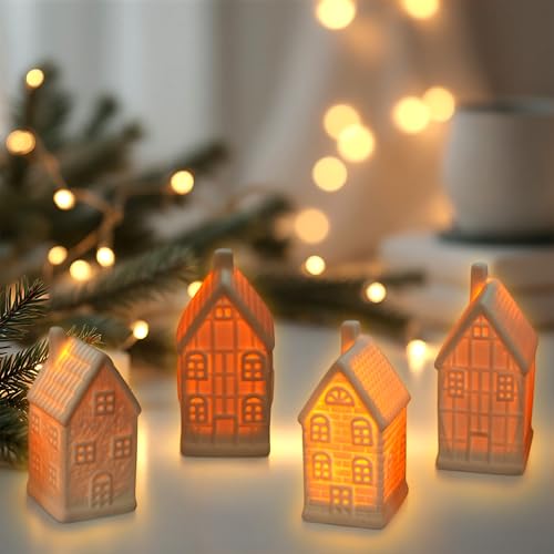 Weihnachtsdorf Deko Weiß 22 Spetebo Keramik Haus warm weiß beleuchtet 10 cm - 4er Set - Deko...