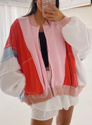 chouyatou Women's Oversized Color Block Splicing Y2K Bomber Jacket 2024 Fall Clothes Casual Loose Coat Outwear4