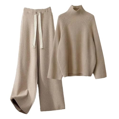 Women Sweater Suit Autumn Winter Turtleneck Knitting Sweater and Wide Leg Pants Sets Elegant Loose Jumpers Pullover2