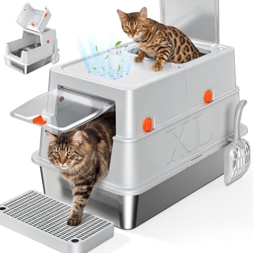 Tevila XL Enclosed Stainless Steel Litter Box with Lid,Covered,Light Gray