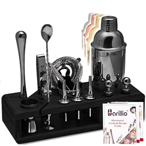 Barillio Black Bartender Kit – Stainless-Steel Cocktail Shaker Set w/Black Bamboo Stand – Mixology Bar Tools w/Drink Shaker, Mixer and Muddler for Cocktails – Home Bar Accessories – 23-Pc Bar Set