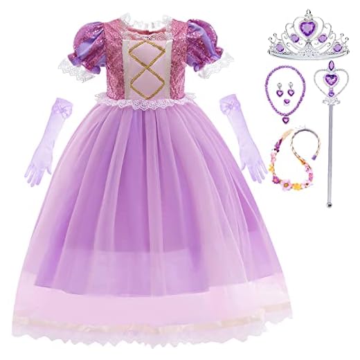 Snyemio Disfraz Princesa para Niña Rapunzel Vestido Morado Traje Carnaval Halloween Navidad, 5-6 Años