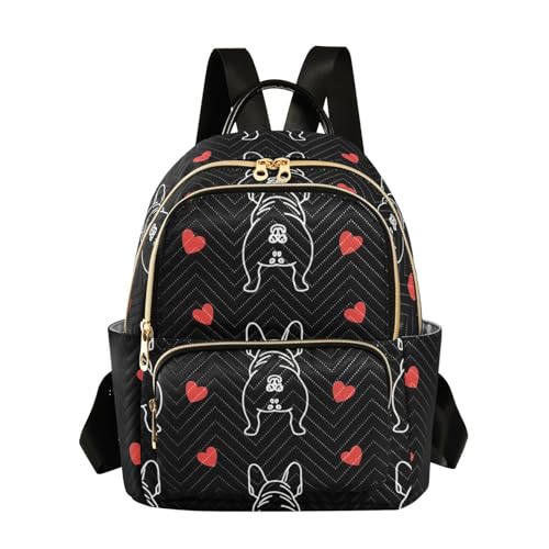 ODAWA Zaino da donna con bulldog francese e cuori, nero, alla moda, per shopping e viaggi, Cuori Bulldog Francese Nero, Small, Zaini Daypack