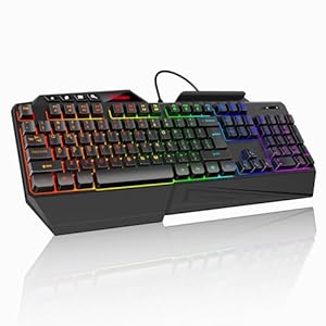 TECKNET Wired RGB Gaming Keyboard – 26-Key Anti-Ghosting, 13 Lighting Modes, Spill-Resistant, 108 Membrane Keys, Plug & Play – with Ergonomic Wrist Rest & Phone Holder for Windows/Mac (Black)