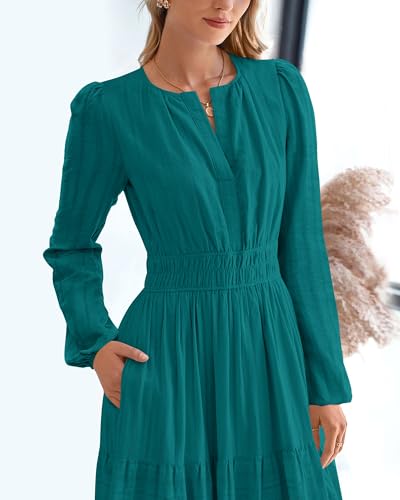 BTFBM Fall Dresses for Women 2025 Casual Long Sleeve V Neck Elastic Waist Lightweight Maxi Wedding Guest Dress Pockets