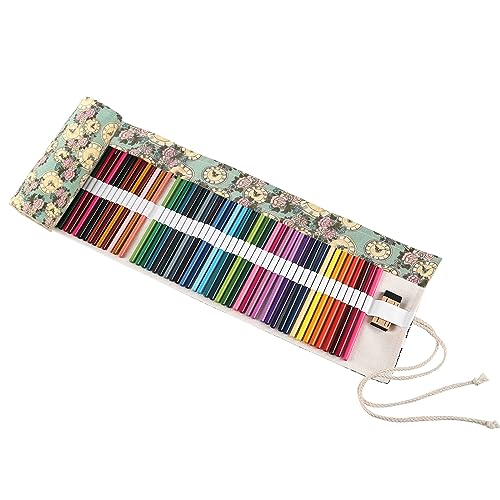 Image of Surblue Canvas Pencil Case Pencil Roll Wrap with 72 Slots Coloring Pencil Holder Organizer Paint Brush Storage Pouch Portable for Artist, Writer(Green Clock
