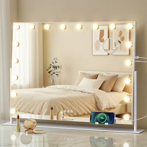 SONGMICS Miroir de Maquillage avec Lumières, 80 x 60 cm, 18 Ampoules LED, Ports de Charge, Miroir Grossissant Détachable 10x, 3 Températures de Couleur, Support de...