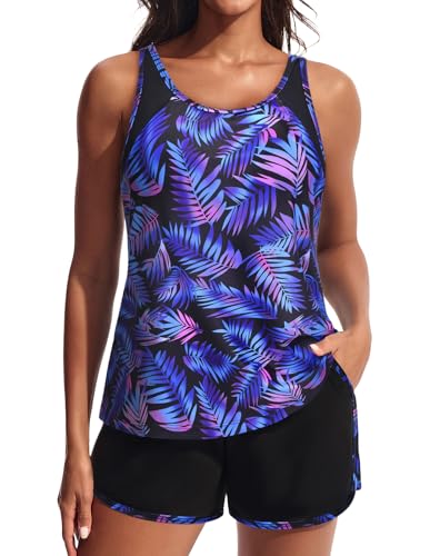 Hanna Nikole Women's Bathing Suits 2026 Full Coverage Tankini Swimsuits Supportive Sproty Swimwear for Swimming Purple Leaves US 10