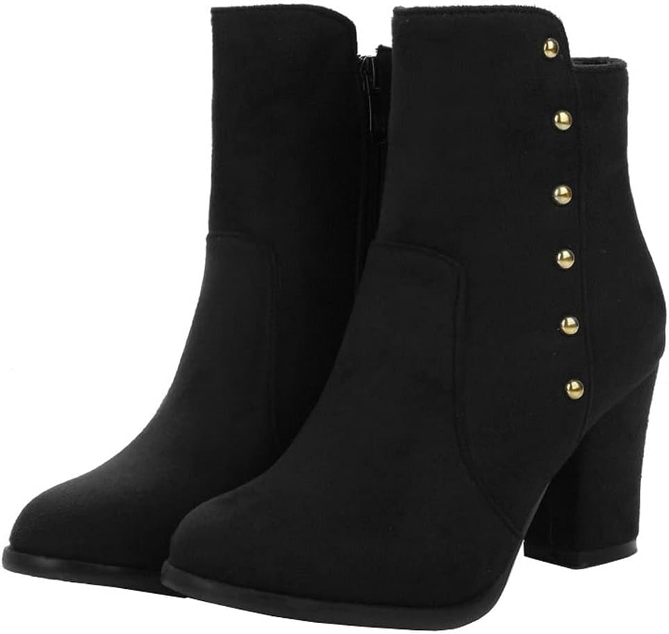 KOKOMOMO Womens Faux Suede High Heel Booties Round Toe Chunky Heel Ankle Boots with Zip Up