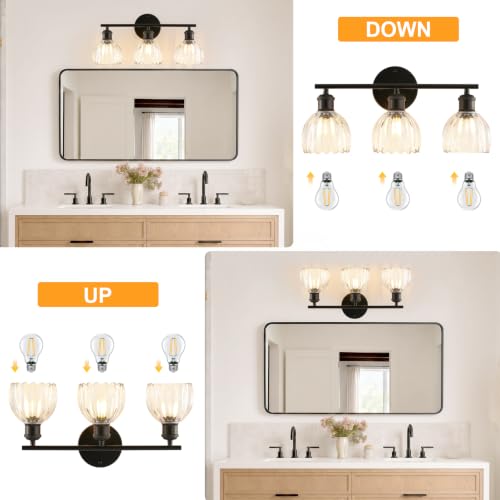 Image of Bathroom Light Fixtures, 3-Light Brushed Black Vanity Lights for Bathroom with Clear Tulip Glass Shade, 20 inch Vintage Bathroom Vanity Lighting Fixtures Over Mirror for Bedroom Living Room Hallway