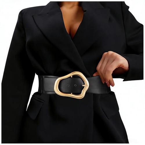 XZQTIVE Women Wide Elastic Waist Belt for Dresses Fashion Big Gold Buckle Stretchy Leather Waistband for Ladies, Black, 110cm