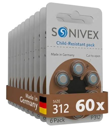 SONIVEX Size 312 Hearing Aid Batteries PR41 Zinc-Air Mercury Free Made in Germany 60 Count (10 Packs of 6)