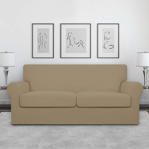 Image of Easy-Going Stretch Oversized Loveseat Couch Cover for 2 Cushion Washable | Sofa Slipcover for Stretch 2 Separate Sectional Cushion Couch - Furniture Protector for Pets, Kids Tan