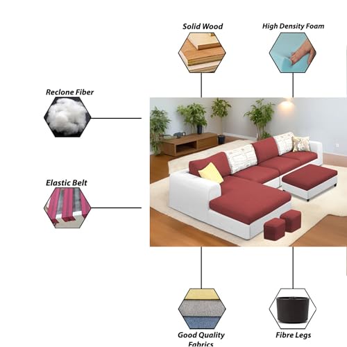 Image of Koza LHS 8 Seater L Shape Sofa Set with Center Table for Living Room (Maroon Grey Fabric) Premium Fabric Sofa