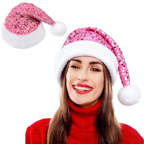 LKQBBSZ Sequin Santa Hat for Adults with Shiny Sequin Christmas Party Hat for New Year Xmas Festival (Pink)