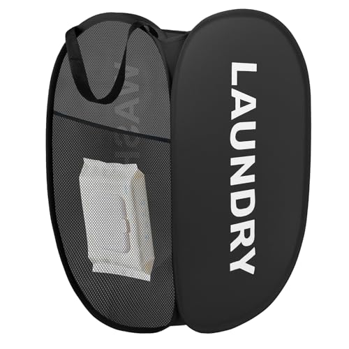 NUTKIT Panier À Linge en Maille Pliable, 36x36x58CM Paniers à Linge Pliable Pop-Up avec Poignée et Poche Latérale, Panier à linge Portable en Maille, pour...
