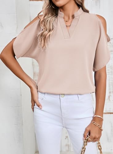 Women's Cold Shoulder Tops Summer Fashion Short Sleeve V Neck Casual Loose Solid Color Blouse Shirts4