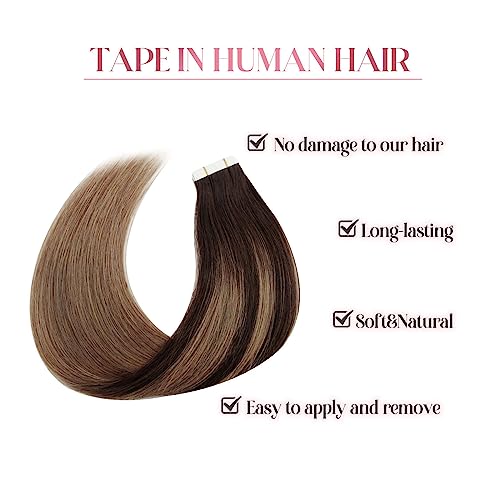 Image of Sixstarhair Tape In Human Hair Extensions Balayage Tape in Extensions Dark Brown Fading to Chestnut Brown Remy Human Hair Ombre Hair Extensions and Piano Colors [Color B2-6 20inch]