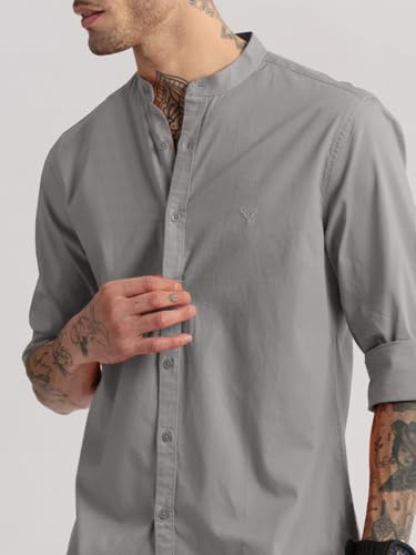 Image of SHOWOFFFF Men Solid Casual Shirt | Mandarin Collar Full Sleeves Cotton Shirt for Mens | Slim Fit Regular Length Shirt for Men's