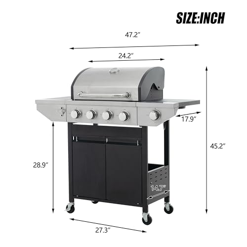 4-Burners Propane Gas Grill with Side Burner & Thermometer, 42,000 BTU Output Stainless Steel Grill for Outdoor BBQ and Camping, Patio Backyard Barbecue (4 Burner+Side Burner) - Thumbnail 2