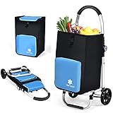 RELAX4LIFE Einkaufstrolley 53 Liter klappbar, Einkaufsroller mit Kühlfach & 2 Haken & Abnehmbarer Tasche, Einkaufstasche auf Rollen, Handwagen bis 50 kg belastbar, Einkaufswagen wasserdicht, blau