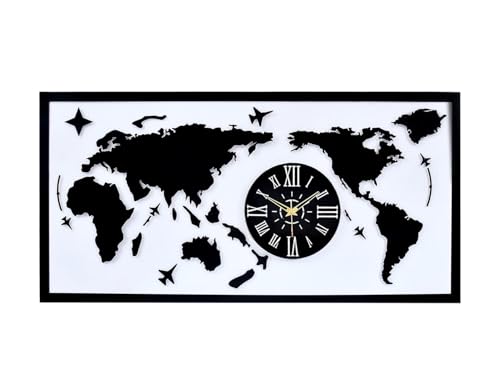 Image of METSY World map with Clock wall Hanging Metal Art Black and White Light for Office Restaurant World Map Metal Wall Decor Art 3D Home Office Bedroom Living Room Outdoor (Black & White) 62x122 cm