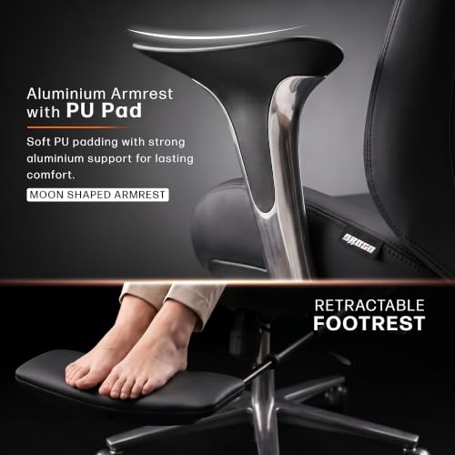 Image of Drogo Amara Ergonomic Office Chair for Work & Home- Luxury Semi-Silicone Leather, 5cm Seat Depth Adjustment, Curved Headrest, PU Aluminium Armrest, 135 Recline with 3 Lock Positions, Footrest (Black)