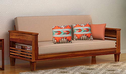 Image of Varsha Furniture Foldable 3 Seater Sheesham Wooden Bed Cum Sofa for Living Room | Sofa Cum Bed | Mattress Included | Made with Indian Sheesham Wood- Honey Finish, Brown