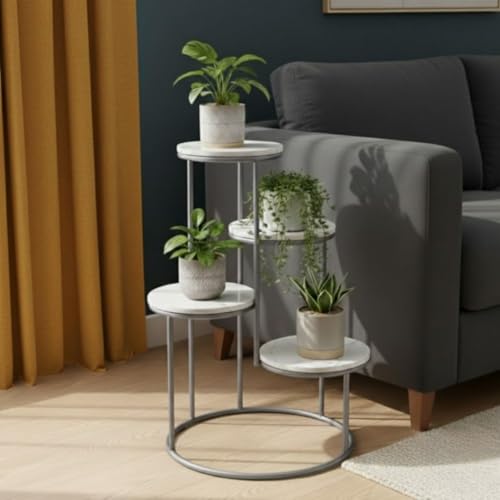 Image of Modern 4-Tier Plant Stand Indoor Metal & Wood | 60 cm Tall Multi-Level Flower Pot Stand | Heavy Duty Corner Plant Rack for Living Room, Balcony, Garden | Decorative Plant Holder for Indoor Use (White Silver)
