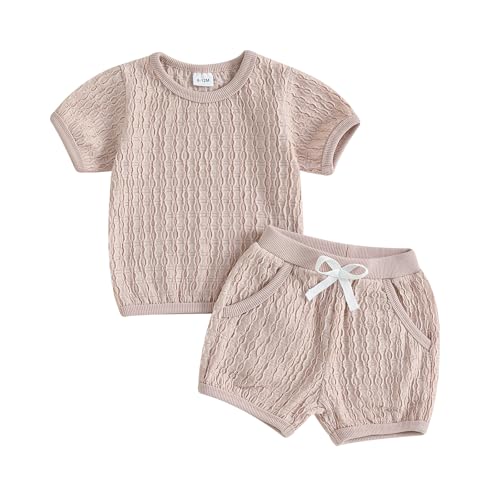 Fernvia Toddler Baby Girl Summer Clothes Solid Jacquard Short Sleeves T-Shirt Tops + Shorts 3 6 9 12 18 24 Months Outfits Set