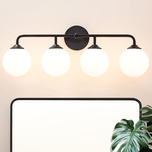 Image of 4-Lights Black Vanity Lights with Milky White Globe Glass Shade, Industrial Bathroom Wall Sconces Light over Mirror, Vanity Lighting Fixture for Bathroom Dressing Table Bedroom Living Room