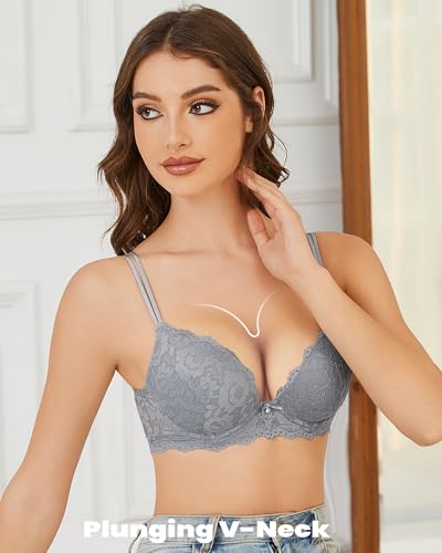 Image of Push Up Bras for Women Add 2 Cups Sexy Lace Cleavage Extra Padded Plunge Bra Underwire