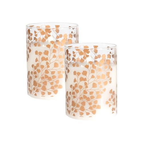 Image of LumaBase Battery Operated LED Glass Candles with Flickering Flame, Gold Fern - Set of 2