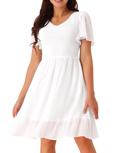 Image of Seta T Women's Summer Chiffon Dresses Smocked V Neck Flutter Short Sleeve Flowy Casual Dress with Pockets