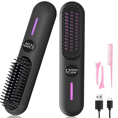 Cepillo alisador de cabello portátil, alisador de pelo inalámbrico recargable por USB con 7 temperaturas ajustables, 5200 mAh, cepillo térmico antiquemaduras para viajes en casa (negro)