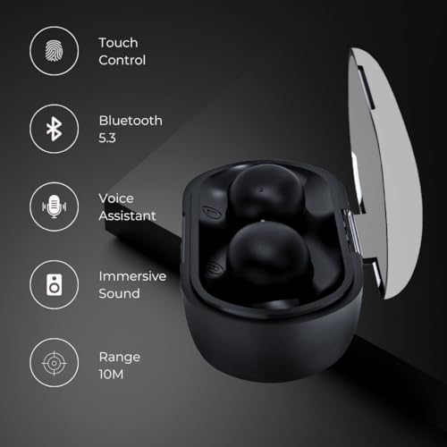 Image of Crossloop Joy Zee TWS Earbuds with Mic,Touch Control,Range 10M,Bluetooth 5.3,Play Time 12X60 Hrs,Voice Assistant,Auto Pairing,Ipx3,Long Standby Time,Type C Charging,Immersive Sound (Black)-in Ear