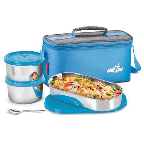 Image of MILTON Steel Smart Lunch Box (2 Round Inner Steel Containers 500ml Each, 1 Oval Container 675ml; Spoon) with Insulated Fabric Bag, Blue, Leak Proof, Odour Proof, Easy to Carry, Food Grade