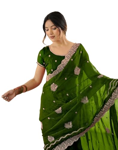 Image of SIRIL Women's Chiffon Scalloped Border Sequins Embroidery Saree with Unstitched Blouse Piece
