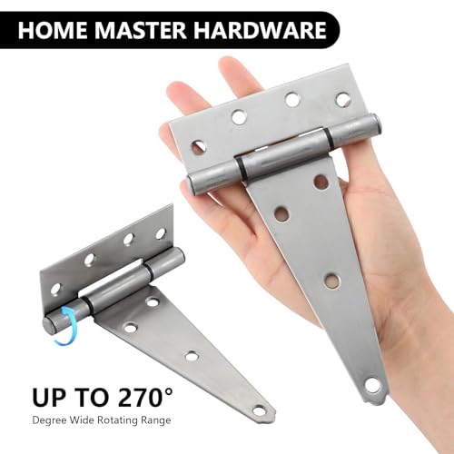 HOME MASTER HARDWARE 6 Inch Stainless Steel Gate Hinges for Wooden Fences Heavy Duty Tee Hinges,Shed Door Hinge,T-Strap Hinge for Outdoor Barns Gate with Screws 4 Pack