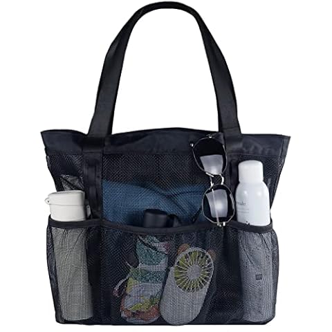 Mesh Beach Tote Bag for Women Medium Size, Waterproof Sandproof Beach Bags Foldable Swimming Travel Zipper Totes Packable Mesh Beachbag with 4 Pockets for Swim Pool Vacation Shopping, Black, Black, M Cover