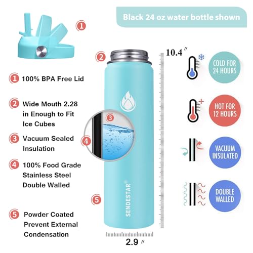 Image of SENDESTAR Stainless Steel Wide Mouth Water Bottle 24oz Double Wall Vacuum Insulated Leak Proof Bottle with New Flex Straw Lid & Spout Lid