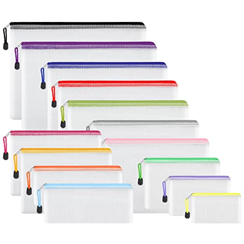 Image of EOOUT 14pcs Zip Pouch Organizers, Mesh Bags with Zipper, 8 Sizes 14 Colors, Waterproof, for Travel, School, Office & Home