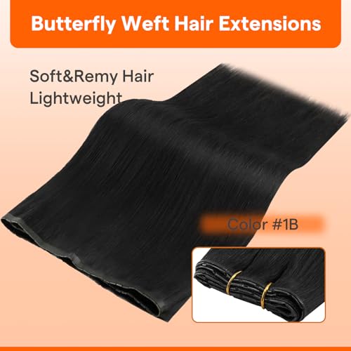 Image of Full Shine Butterfly Weft Hair Extensions 16 Inch 80G Off Black | Natural Volume Boost, Double Sided PU Hole Design, Remy Human Hair, Daily Look for Women, Seamless Blend Solution