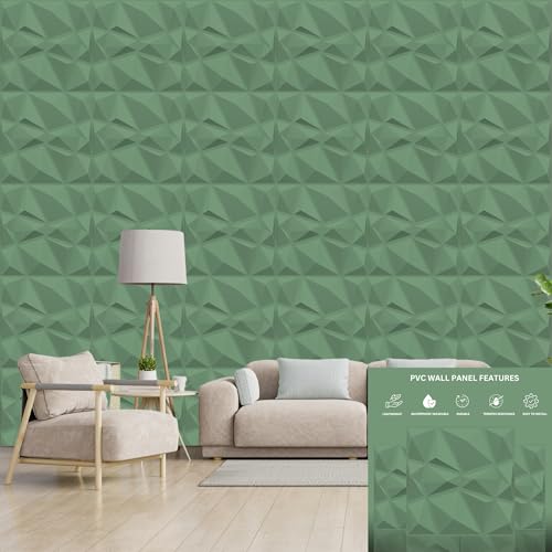 Image of Kayra Decor Wall Panels for Bedroom - PVC Diamond Design, Olive Green Color 19.7 inch X 19.7 inch (Pack of 12) - Covers 32.34 Sq. Ft.